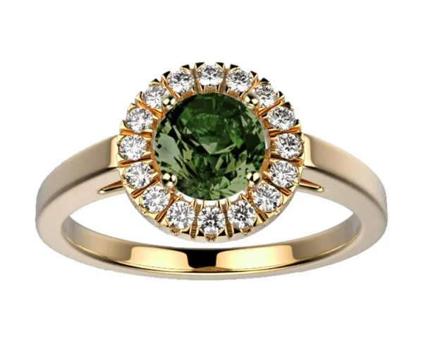 Bague saphir vert serti d'un halo de diamant sur or jaune modèle Juliet L