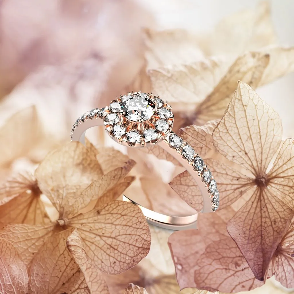 Bague fiançailles diamant or rose éthique Juliet S avec halo et anneau pavé